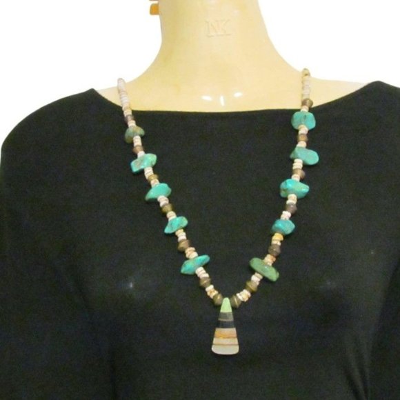 Southwestern Turquoise Nugget Brass Shell Pendant Necklace - Picture 2 of 16